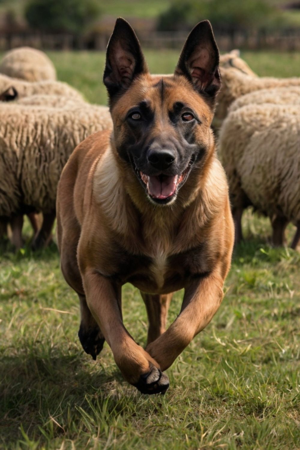 A vintage photo of a Belgian Malinois herding sheep in a Belgian field